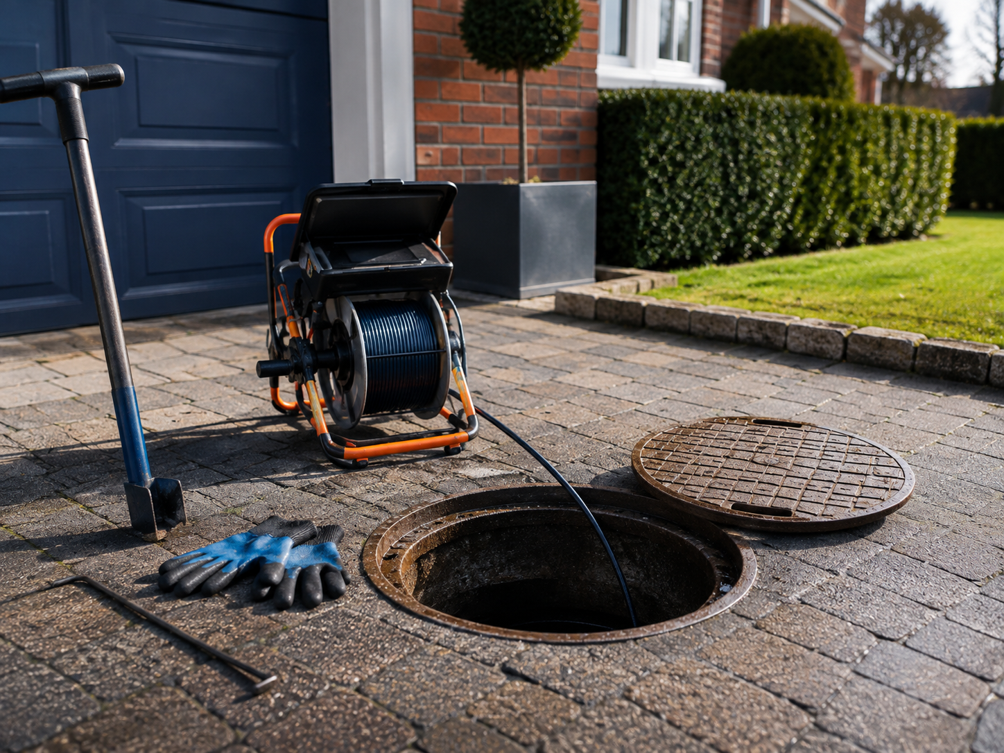 Professional drain inspection equipment beside an open drain
